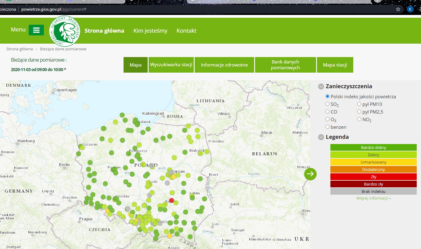 Mapa jakości powietrza Głównego Inspektoratu Ochrony Środowiska