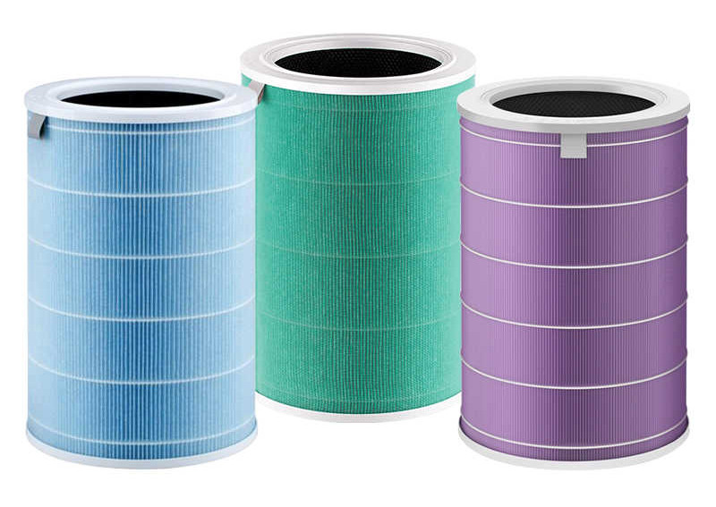 3 filtry do oczyszczaczy powietrza Xiaomi: niebieski, zielony i fioletowy