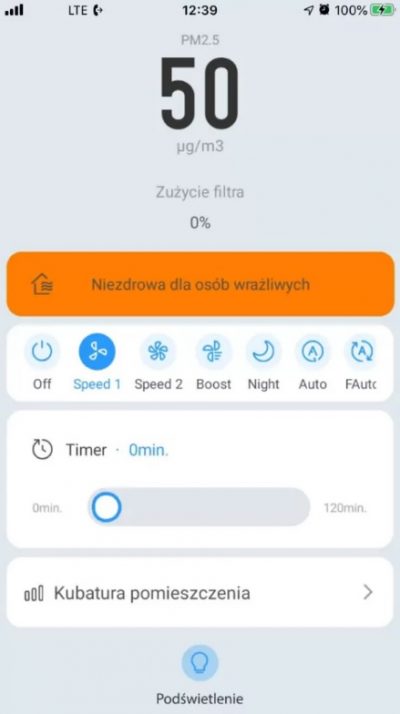 Scan z aplikacji mobilnej oczyszczacza Zelmotor
